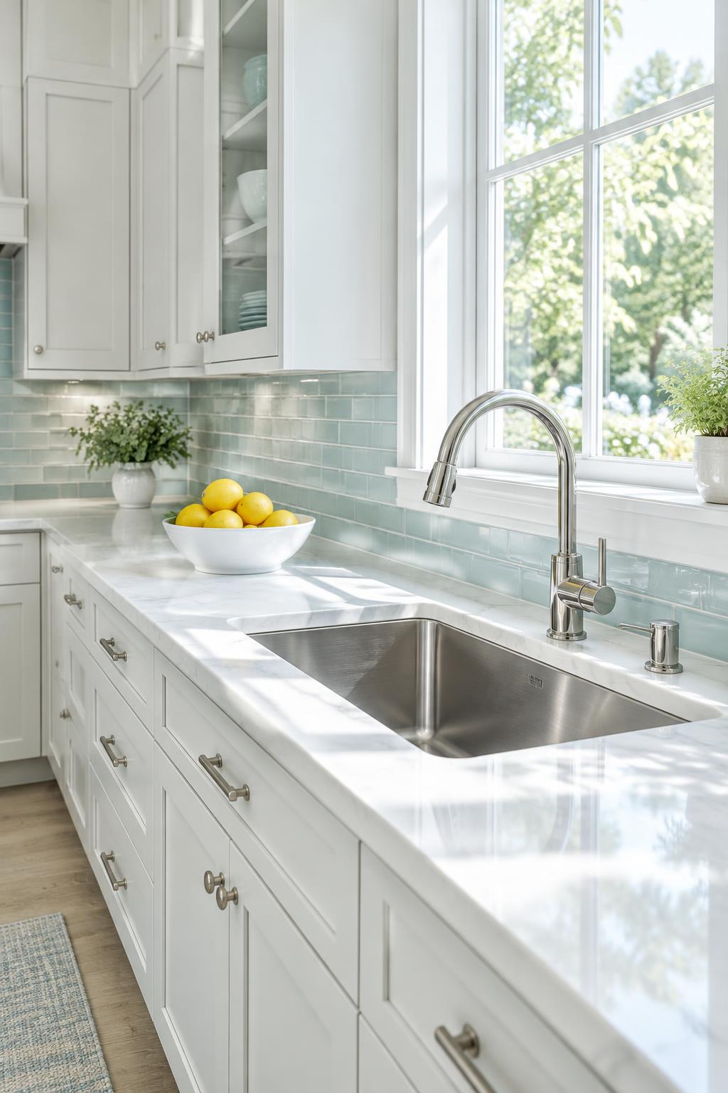A bright, spotless kitchen with white cabinets, stone counters, and a bowl of lemons